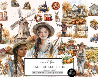 Watercolor Autumn Clipart, Harvest Time Png Bundle, Cozy Autumn, Fall Clipart, Cottagecore, Pumpkin, Wildflowers Clipart, Digital Download