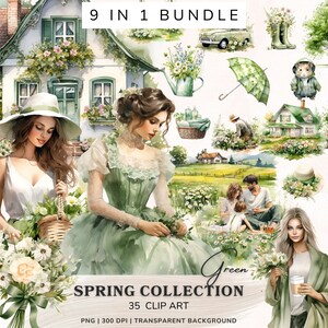 May include: A digital illustration set of 35 watercolor clip art images featuring a green and white color scheme. The set includes images of a house, a woman in a green dress, a woman in a white dress, a family sitting in a field, a green umbrella, a watering can, a pair of boots, a mouse, a basket, and a bouquet of flowers. The text "9 in 1 Bundle" and "Green Spring Collection 35 Clip Art" is included in the image.