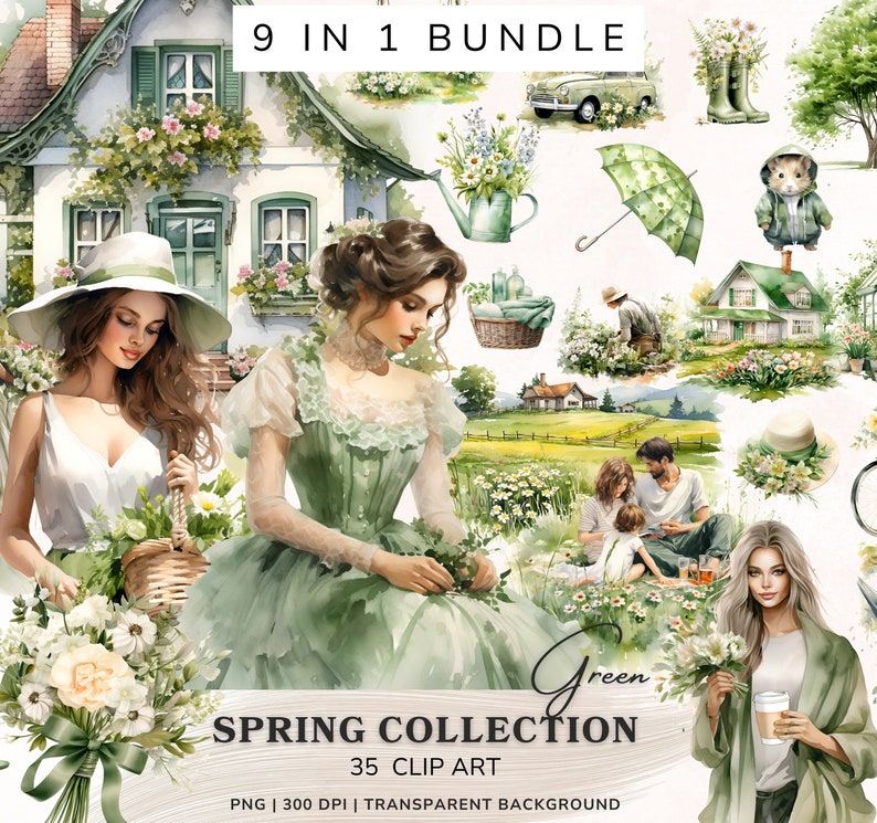 May include: A digital illustration set of 35 watercolor clip art images featuring a green and white color scheme. The set includes images of a house, a woman in a green dress, a woman in a white dress, a family sitting in a field, a green umbrella, a watering can, a pair of boots, a mouse, a basket, and a bouquet of flowers. The text "9 in 1 Bundle" and "Green Spring Collection 35 Clip Art" is included in the image.