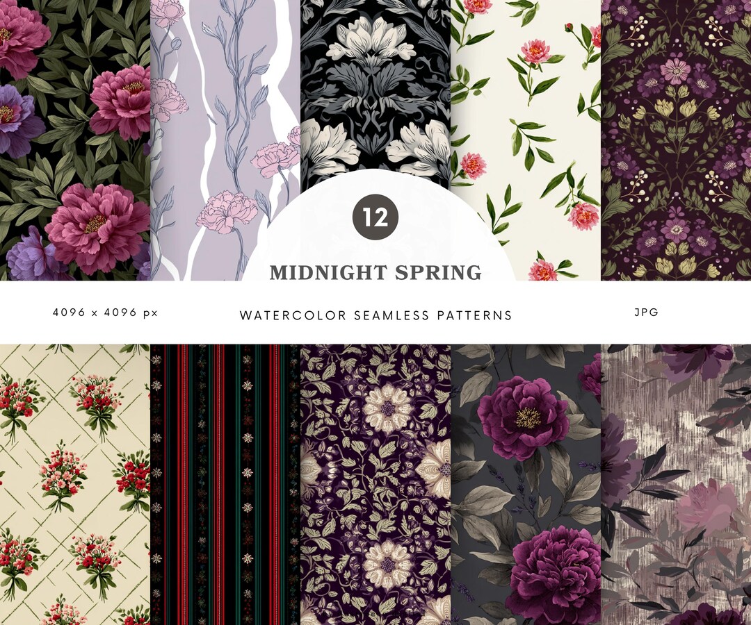 Watercolor Midnight Spring Seamless Patterns, Dark Cottage Digital ...