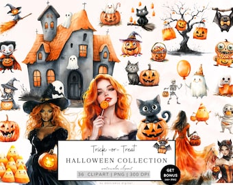 Akvarell Halloween Clipart, Bus eller Treat Png-paket, Söt Höst Halloween Png, Höst Clipart, Spöke Clipart, Häxa, Halloween-grafik