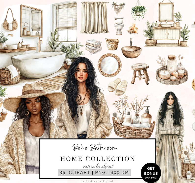Puede incluir: Una ilustraci&oacute;n digital de una colecci&oacute;n de hogar de ba&ntilde;o boho con 36 im&aacute;genes de clipart de acuarela. La colecci&oacute;n incluye una ba&ntilde;era, un inodoro, un lavabo, un espejo, un taburete, plantas, toallas y otros accesorios de ba&ntilde;o. Las ilustraciones est&aacute;n en una paleta de colores marr&oacute;n claro y beige.