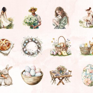 May include: A watercolor illustration set featuring various Easter-themed elements, including a wreath with pastel eggs, a basket of eggs, a hot cross bun, a table setting, a bunny with a carrot, and a chicken with chicks.