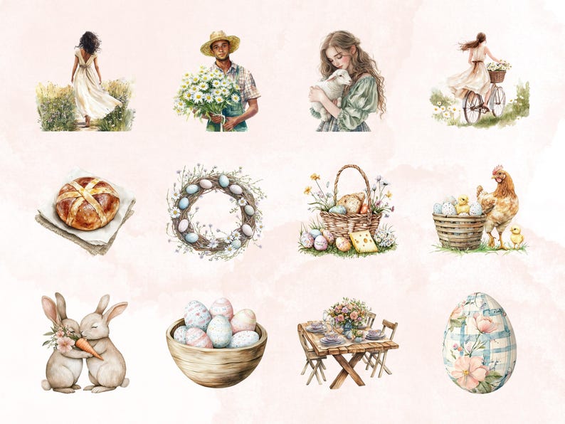 May include: A watercolor illustration set featuring various Easter-themed elements, including a wreath with pastel eggs, a basket of eggs, a hot cross bun, a table setting, a bunny with a carrot, and a chicken with chicks.