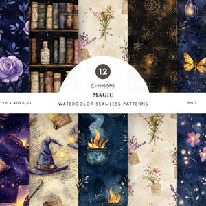 May include: Twelve watercolor seamless patterns featuring magical elements like stars, flowers, books, and a witch's hat. The patterns are in shades of blue, purple, gold, and brown. The text "Everyday Magic" is written in a decorative font.
