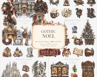 Gothic Christmas Clipart Bundle: 120 PNG Witch, Manor, Cathedral, Apothecary Illustrations