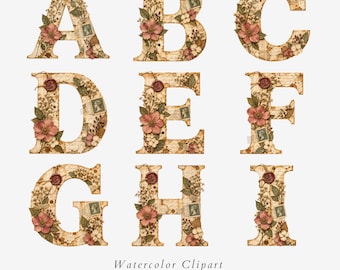 Vintage Journal Alphabet Clipart, Junk Journal Letters, Floral Monogram, 26 PNG Set - 670