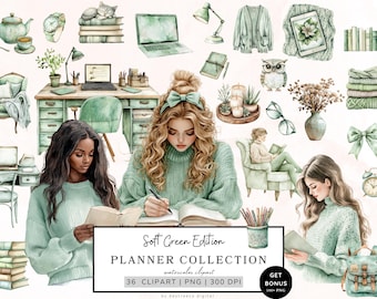 Watercolor Planner Girl Clipart, Green Planning Clipart, Planner Lover Clipart, Neutral Journal Aesthetic Png Planner Elements, Cozy Planner