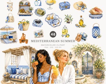 Aquarell Mittelmeer Sommer Clipart, Zitronen Urlaub PNG, Küsten Blaue Fliesen Grafiken, Italienischer Strand Clip Art - 574