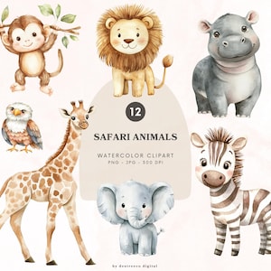 Op de afbeelding: Waterverf clipart met een verzameling safaridieren, waaronder een aap, een leeuw, een nijlpaard, een adelaar, een giraffe, een olifant en een zebra. De afbeelding bevat de tekst "12 Safari Animals" en "Watercolor Clipart".