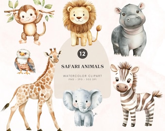 Safari Animals Clipart, Cute Watercolor Jungle Animals, Lion Giraffe Elephant Nursery Graphics, Baby Safari Animal Png, Digital Download