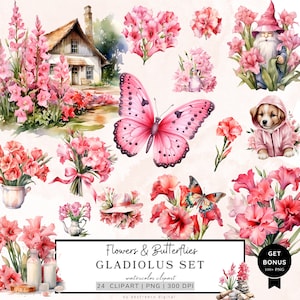 Glaïeuls et papillons Clipart, clipart fleurs sauvages, fleurs Png, clipart Cottagecore, Floral Png, clipart aquarelle, téléchargement numérique