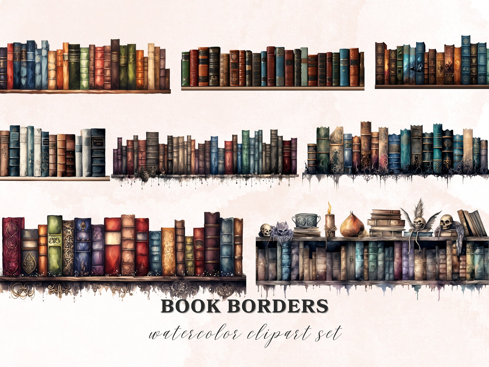 Rows of Books Clipart, Vintage Book Borders Clipart Bundle, Library ...