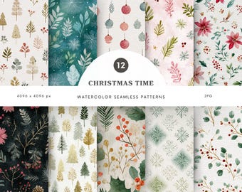 Watercolor Christmas Time Seamless Patterns, Noel Pattern, Elegant Christmas Patterns, Repeating Pattern, Scrapbook Paper, Digital Paper