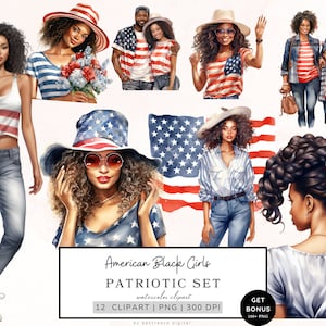 Amerikanisches schwarzes Mädchen Clipart, 4. Juli Clipart, Vaterländisches schwarzes Mädchen, amerikanisches Paar, amerikanische schwarze Familie, Amerika-Flagge, Mischtechnik