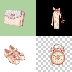 May include: A collection of items including a pink and blue striped wallet with a bow, a floral bookmark with a pink ribbon and cherry charm, a pair of cream-colored Mary Jane shoes with bows, and a pink twin-bell alarm clock with a floral face.