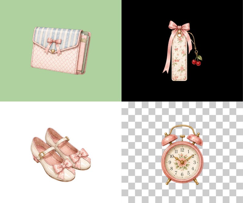 May include: A collection of items including a pink and blue striped wallet with a bow, a floral bookmark with a pink ribbon and cherry charm, a pair of cream-colored Mary Jane shoes with bows, and a pink twin-bell alarm clock with a floral face.