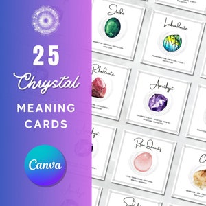 Cartes de signification en cristal, cartes d'informations imprimables en cristal, cartes de signification de pierres précieuses, modèle de toile modifiable, guide de cristal, téléchargement numérique