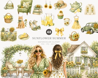 Paquete de imágenes prediseñadas de girasoles de verano, gráficos de limones en acuarela, PNG estilo cottagecore (descarga digital) - 549