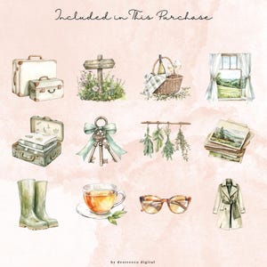 May include: Watercolor illustrations of travel and leisure items, including suitcases, a picnic basket, a window scene, keys, herbs, postcards, rain boots, a teacup, eyeglasses, and a trench coat. The text "Included in This Purchase" is at the top.