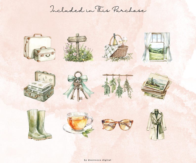 May include: Watercolor illustrations of travel and leisure items, including suitcases, a picnic basket, a window scene, keys, herbs, postcards, rain boots, a teacup, eyeglasses, and a trench coat. The text "Included in This Purchase" is at the top.