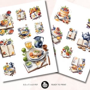 May include: A set of 12 printable watercolor illustrations featuring various food and kitchen items, including books, cakes, teapots, and fruit. The illustrations are perfect for adding a touch of whimsy to your kitchen decor or for use in crafting projects.