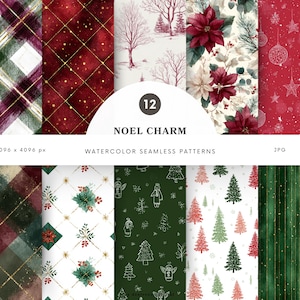 May include: A collection of 12 watercolor seamless patterns with a Christmas theme. The patterns include plaid, poinsettias, winter scenes, and Christmas tree designs. The text "NOEL CHARM" is displayed in the center of the image.