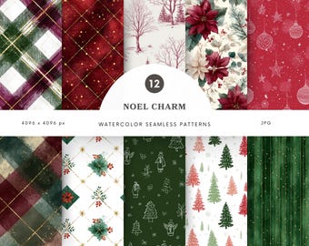 Watercolor Noel Charm Seamless Patterns, Noel Pattern, Elegant Christmas Patterns, Repeating Pattern, Scrapbook Paper, Digital Paper