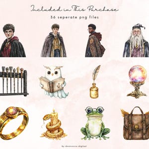 Puede incluir: Un conjunto de 36 ilustraciones de acuarela con personajes, objetos y criaturas del universo de Harry Potter. Las ilustraciones incluyen un mago, una bruja, un b&uacute;ho, una varita m&aacute;gica, un anillo, una rana, una pluma, una bola de cristal, una serpiente, una vela y una mochila.