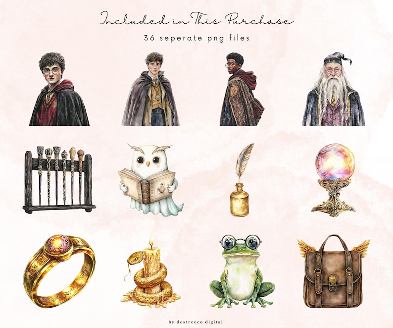 Puede incluir: Un conjunto de 36 ilustraciones de acuarela con personajes, objetos y criaturas del universo de Harry Potter. Las ilustraciones incluyen un mago, una bruja, un b&uacute;ho, una varita m&aacute;gica, un anillo, una rana, una pluma, una bola de cristal, una serpiente, una vela y una mochila.