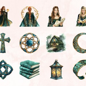 K&ouml;nnte beinhalten: Ein Set mit 10 digitalen Illustrationen mit keltischen Knotendesigns, darunter ein Kreuz, ein Kreis, eine Mondsichel, ein Knoten, ein Stapel B&uuml;cher, eine Laterne, ein Armband und drei Frauen in gr&uuml;nen Kleidern.