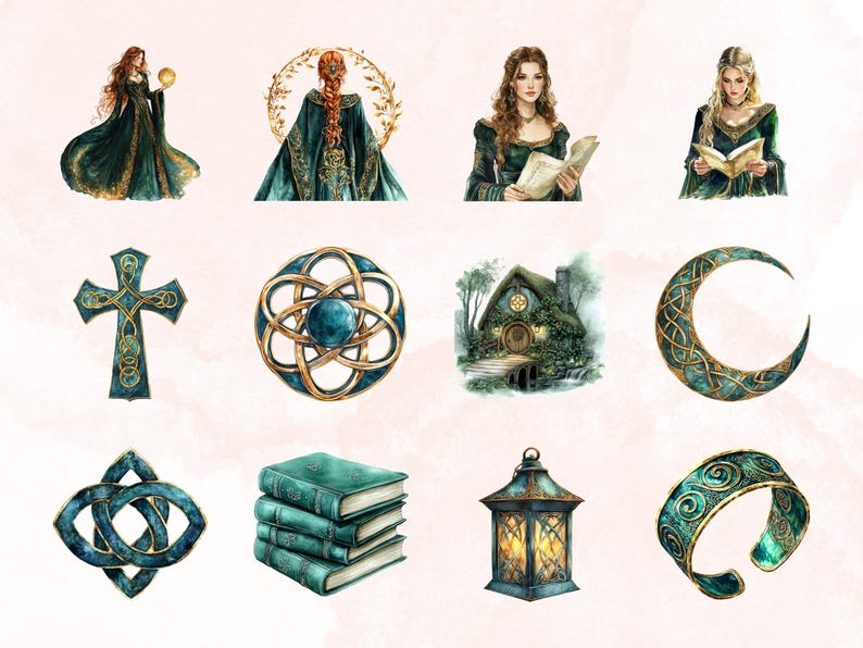 K&ouml;nnte beinhalten: Ein Set mit 10 digitalen Illustrationen mit keltischen Knotendesigns, darunter ein Kreuz, ein Kreis, eine Mondsichel, ein Knoten, ein Stapel B&uuml;cher, eine Laterne, ein Armband und drei Frauen in gr&uuml;nen Kleidern.