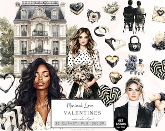 Valentinstag Clipart Bundle, Minimal Liebe Clipart, Aquarell Paar Clipart, Happy Valentine, Herz Png, Niedlichkeit Png Download
