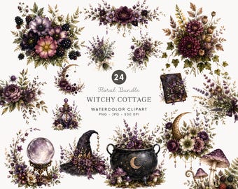Aquarell-Cliparts mit Hexenhaus-Blumenmotiv, gotische Halloween-Blumen (PNG), dunkle botanische Grafiken, Witchcore-Cliparts – 583