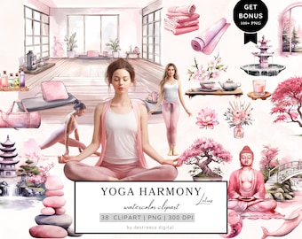 Puede incluir: Conjunto de clipart de acuarela con poses de yoga, una flor de loto, una estatua de Buda, una pagoda japonesa, una fuente y otros elementos. El conjunto incluye 38 imágenes en formato PNG a 300 DPI. El texto "YOGA HARMONY" y "Lotus" está incluido en la imagen.