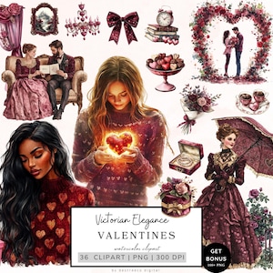 Valentinstag Clipart Bundle, viktorianische Eleganz Clipart, Aquarell Paar Clipart, Happy Valentine Grafiken, Herz, Niedlichkeit Png herunterladen
