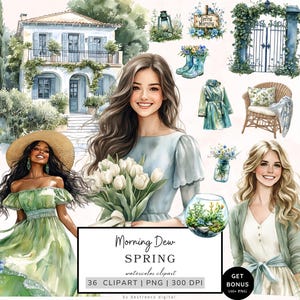 Frühlings-Clipart-Bundle, Frühlingsmorgen Tau Clipart, Cottagecore Clipart, Frühlingsgrafiken, Wildblumen Clipart, gemütliche ästhetische Pngs digital