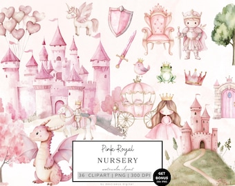 Watercolor Pink Royal Clipart, Pink Princess Graphics, Nursery Neutral Clipart, Princess Nursery Graphics, Fairytale Clipart For Kids Pngs