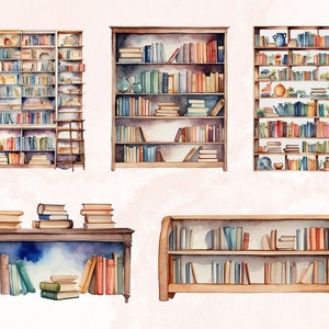 May include: Five different watercolor illustrations of bookshelves filled with books. The bookshelves are all made of wood and have a rustic look. Some of the bookshelves have decorative elements, such as a ladder or a vase of flowers. The books are all different colors and sizes, and some of them have titles visible.