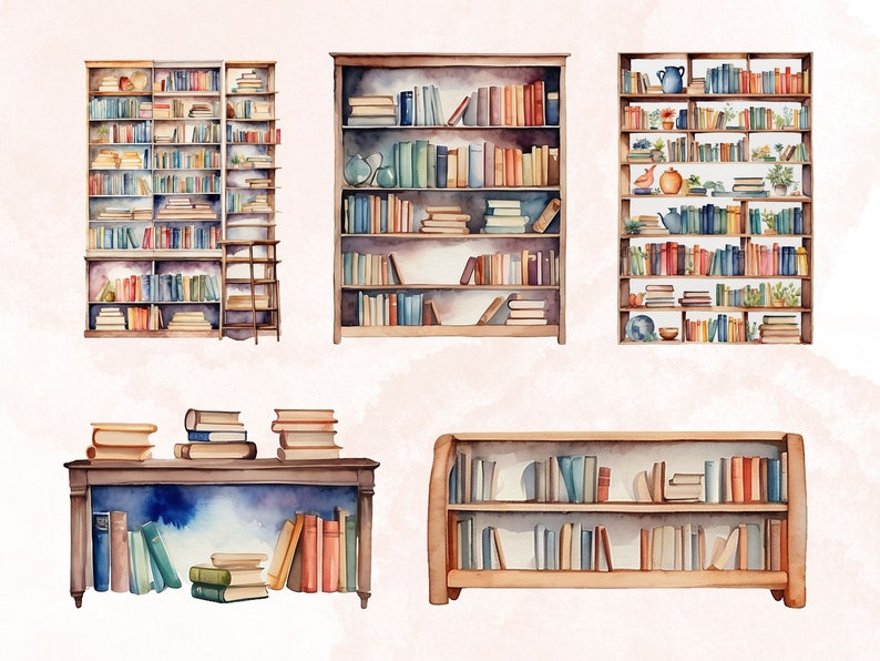 May include: Five different watercolor illustrations of bookshelves filled with books. The bookshelves are all made of wood and have a rustic look. Some of the bookshelves have decorative elements, such as a ladder or a vase of flowers. The books are all different colors and sizes, and some of them have titles visible.