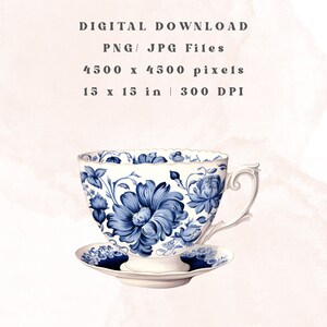 May include: A blue and white porcelain teacup and saucer with a floral design. The cup has a delicate handle and the saucer has a scalloped edge.