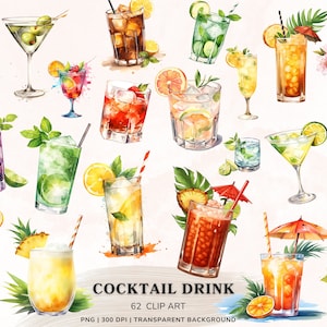 Pacchetto clipart cocktail acquerello, illustrazioni di alcol, grafica JPG/PNG, clipart di bevande, download di illustrazioni di cocktail nuziali