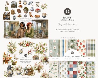 Aquarell Regnerischer Obstgarten Clipart Sammlung, Herbstästhetik, Cottagecore Blumengrafiken, Apfel Png, nahtlose Muster