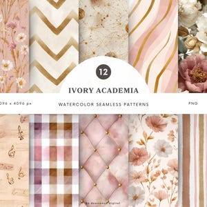 May include: A collection of watercolor seamless patterns in soft pink, gold, and cream tones. Designs include floral, geometric, and abstract elements. The text "IVORY ACADEMIA" and "WATERCOLOR SEAMLESS PATTERNS" are visible.