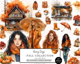 Watercolor Autumn Clipart, Fall Rainy Days Png Bundle, Cozy Autumn, Fall Clipart, Cottagecore Png, Pumpkin, Commercial Use, Digital Download