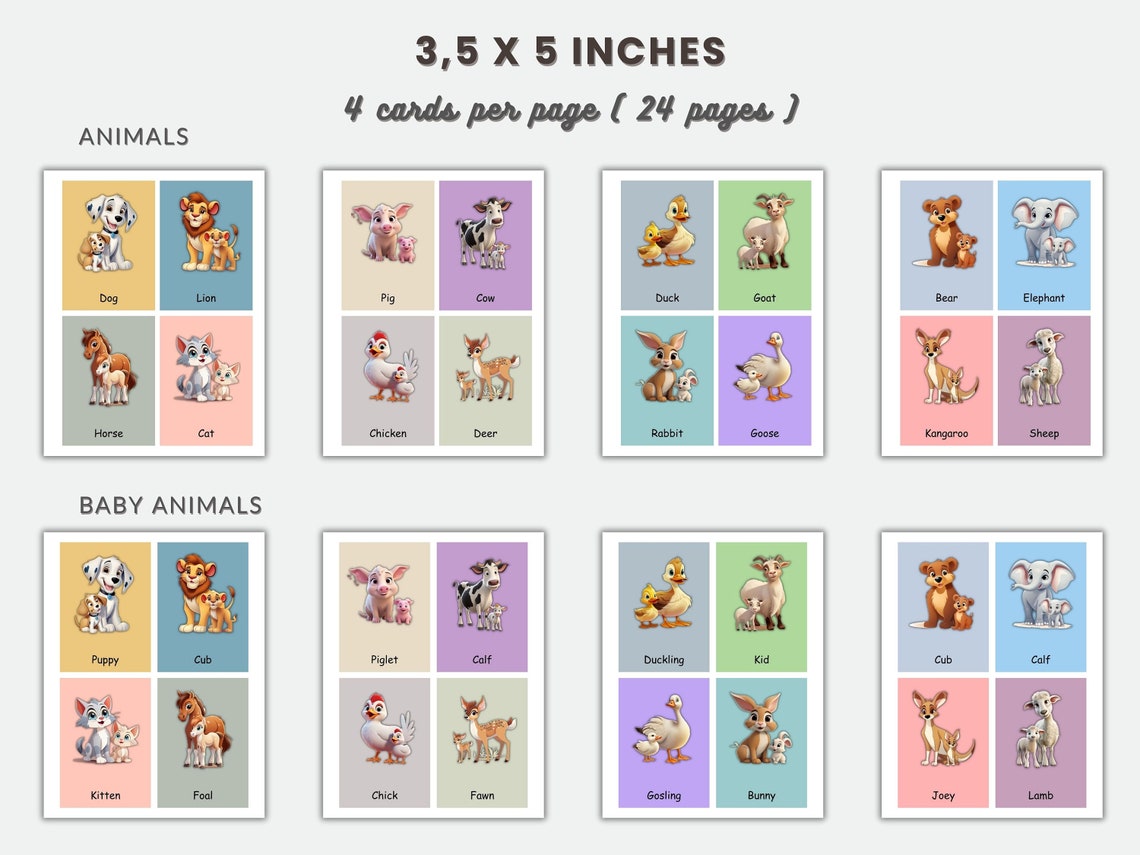 Animals &amp; Baby Animals Printable Flashcards Montessori Cards Pre-school ...