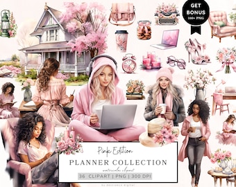 Watercolor Planner Girl Clipart, Pink Planning Clipart Bundle, Book Lover Clipart, Journal Aesthetic Png, Girl Boss Png Cozy Planner Clipart