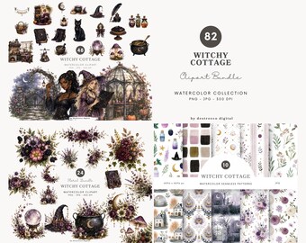 Aquarell-Clipartsammlung „Hexenhütte“, Halloween-Hexe (PNG), gotische Blumengrafiken, nahtlose Muster, digitaler Download