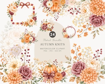 Imágenes prediseñadas florales otoñales en acuarela, ramo de calabazas de otoño PNG, flores estilo cottagecore, gráficos botánicos de rosas y dalias - 564