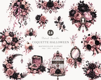 Aquarell-Cliparts mit koketten Halloween-Blumen, rosa Gothic-Blumen (PNG), schwarzer Rosenstrauß, botanische Hexengrafiken – 587
